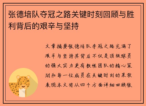 张德培队夺冠之路关键时刻回顾与胜利背后的艰辛与坚持